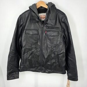 Levi's Faux Leather Trucker Hooded Jacket Mens Medium Black Sherpa Lined Pockets